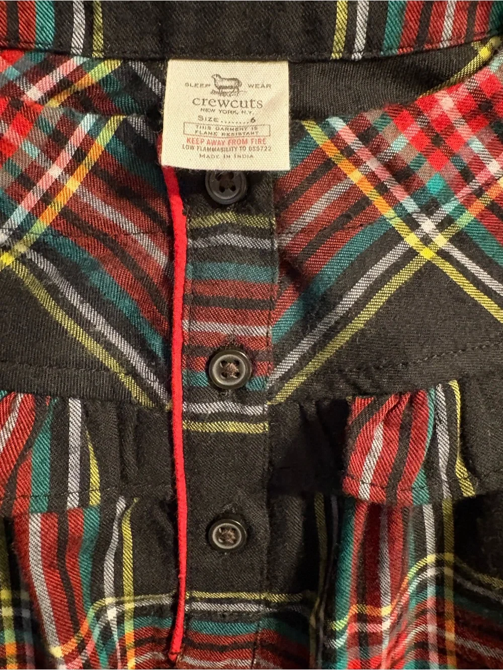 Crewcuts Kids Black Plaid Ruffle-Yoke Nightgown with Red and Green, Size 6